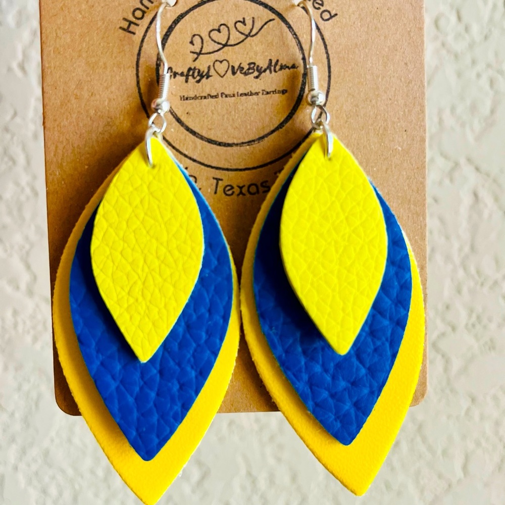 Double Yellow & Blue Leaf Dangle Faux Leather Lightweight Earrings | Handmade